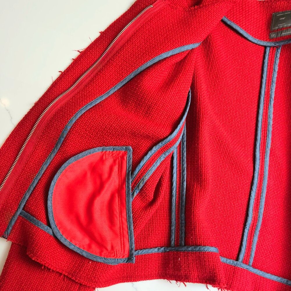 Gap Red Textured Moto Jacket Raw Edge Cropped Size 12 - Picture 11 of 13